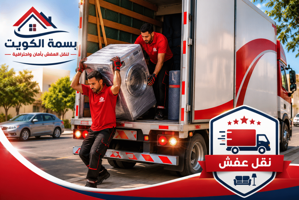 فريق بسمة الكويت ينقل جهازًا منزليًا مغلفًا بعناية ضمن خدمات نقل الأثاث والتغليف الاحترافي