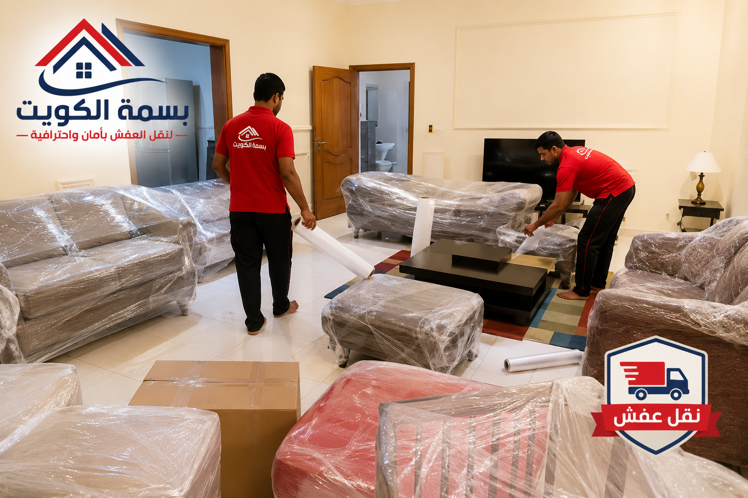 عمال بسمة الكويت أثناء تغليف الكنب والأثاث وتجهيزه للنقل الآمن ضمن خدمات نقل عفش الكويت