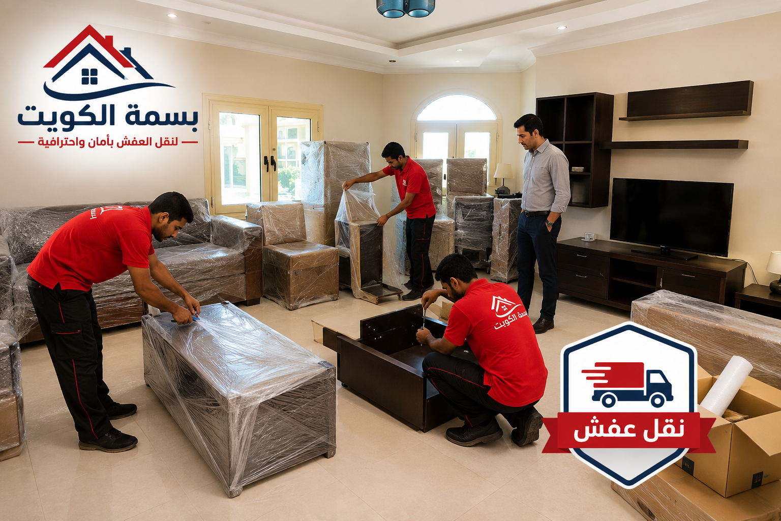 فريق بسمة الكويت يقوم بتغليف وفك وتركيب الأثاث داخل المنزل ضمن خدمات نقل عفش الكويت باحترافية